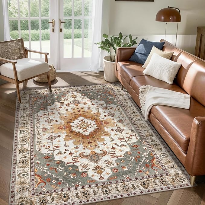 Tangsoo Area Rug 3x5 Bedroom Rug, Washable Vintage Rugs Indoor, Non Slip Accent, Print Distressed Turmeric Carpet, Soft Low Pile Rug for Living Room Dorm Bedroom Bedside Entryway Bathroom