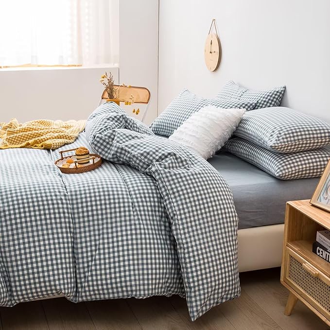 mixinni Blue Gingham Comforter Set Full, Plaid Comforter Set 3 Pieces 1 Blue Grid Comfoter with 2 Pillow Cases for All Seasons, Soft Fluffy Modern Grid Pattern Printed Bedding-Full Size