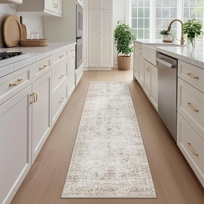 FMFUNCTEX 2x6 Hallway Runner Rug Beige Vintage Neutral Washable Non Slip Low Pile Traditional Indoor Carpet Soft Retro Floral Entryway Rug for Kitchen Living Room Bedroom Bathroom Laundry Entrance