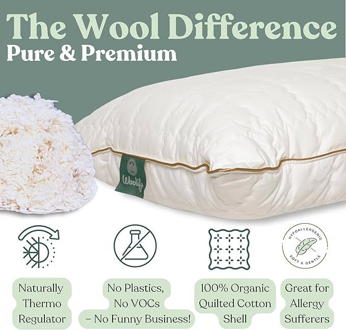 Organic Wool Pillow - Adjustable Loft for Personalized Comfort - Firm to Soft Support - Cooling & Breathable Quilted Cotton Cover - for Side, Back, Stomach Sleepers - 1 Pack (King (U.S. Standard))