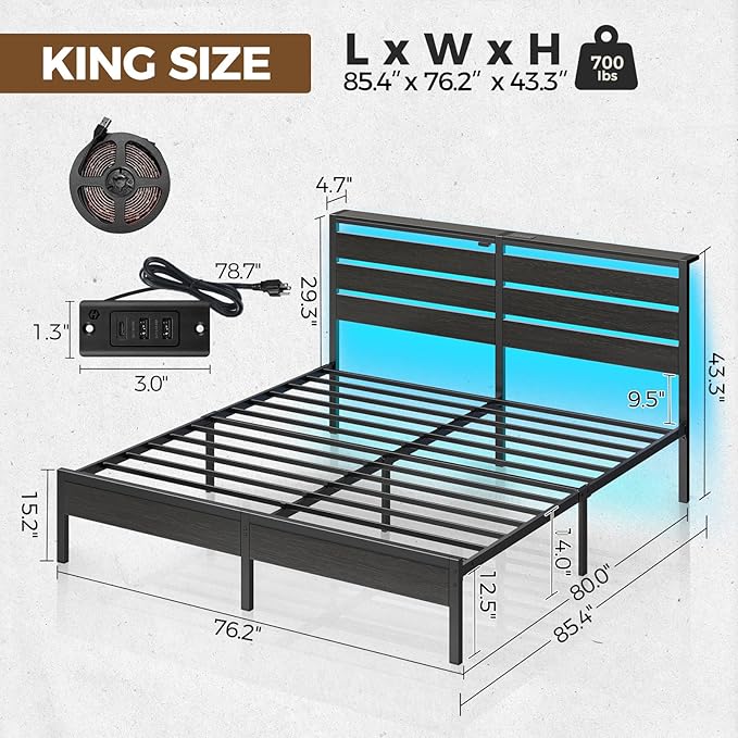 Rolanstar Bed Frame King Size with USB Charging Station, LED Bed Frame with Wood Storage Headboard, Black Metal Platform Bed with Under Bed Storage, No Box Spring Needed, Noise Free