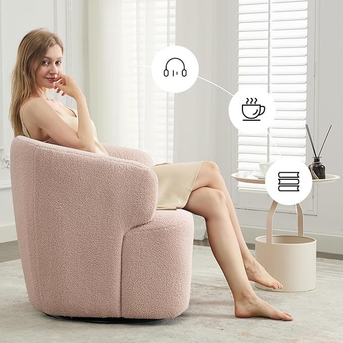 Swivel Accent Chair, Sherpa Teddy Barrel Chair for Living Room, Cozy Round Boucle Arm Chair, Metal Base for Club Nursery Bedroom, Light Blush Pink