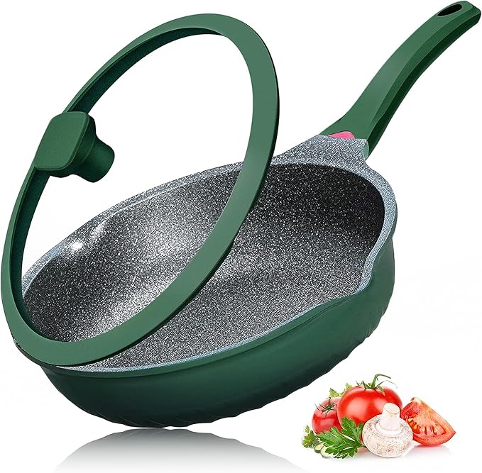 Vinchef Green Skillet Nonstick with Lids, 11In/5Qt Aluminum Deep Frying Pan with Lid and Heat Indicator, Anti Scratch and Anti Stain Deep Skillet Nonstick, Induction Compatible