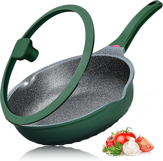 Vinchef Green Skillet Nonstick with Lids, 11In/5Qt Aluminum Deep Frying Pan with Lid and Heat Indicator, Anti Scratch and Anti Stain Deep Skillet Nonstick, Induction Compatible