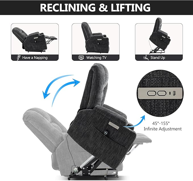 Power Lift Chair with Massage & Heat, Electric Recliner Chairs for Adults, Remote Control, Living Room Sofa, Standing Assistance, USB Ports, Stainless Steel Cup Holders, Chenill, Grey