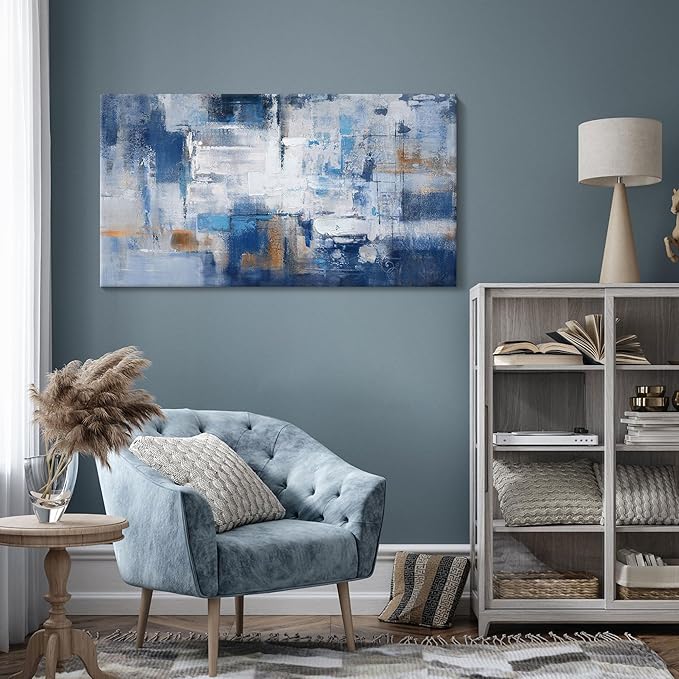 KLAKLA Blue Wall Decor - Abstract Canvas Wall Art for Living Room - Artistic Elegance Unveiled in a Beautiful Wooden Frame & Blue and White Pictures for Office Bedroom Wall Decoration