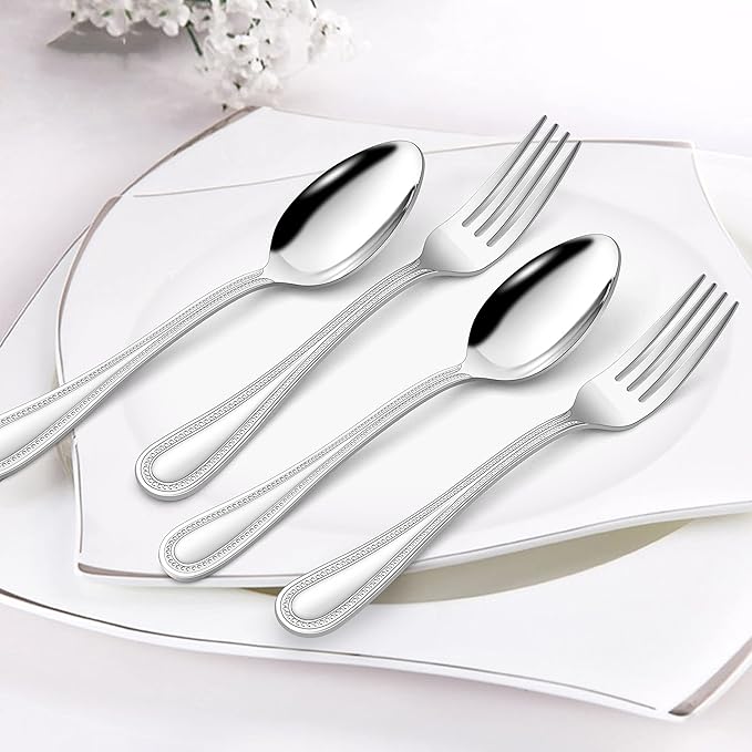 HaWare Silverware Set, 60-Piece Pearled Edge Stainless Steel Flatware for 12, Beading Tableware Cutlery Utensil for Home, Mirror Polished, Dishwasher Safe