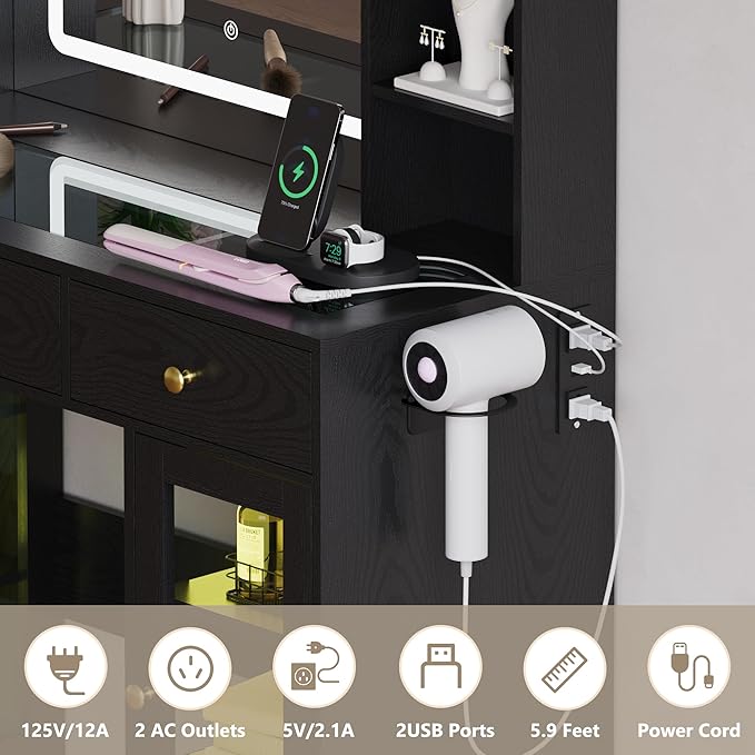 Vanity Desk with Mirror and Lights, Black Makeup Vanity with Glass Top & Drawers, 3 Lighting Modes, Power Outlet, RGB Glass Cabinets, Modern Dressing Table for Bedroom, Girls, Women, Teens