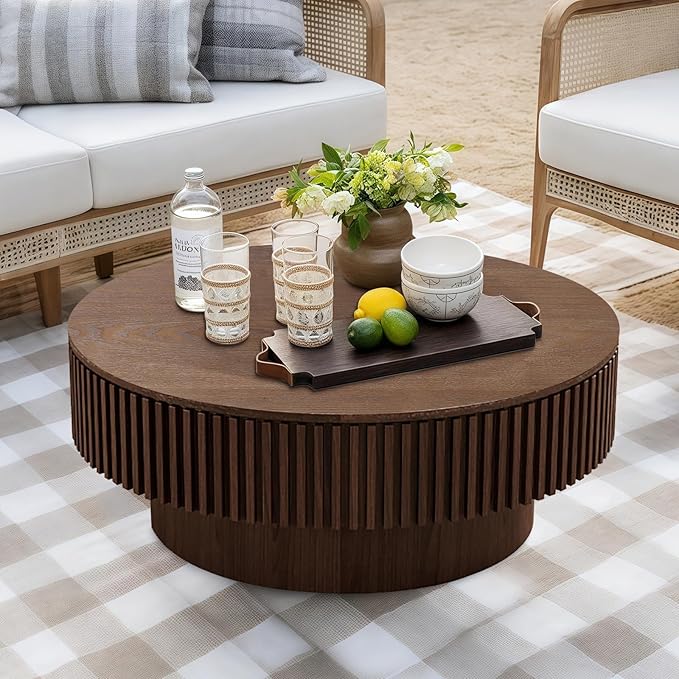 Round Coffee Table for Living Room,Fluted Drum Accent Tea Center Table with Storage,Circle Modern Coffee Tables for Small Space Office Apartment (31.5" L×31.5''W×14''H-Walnut)
