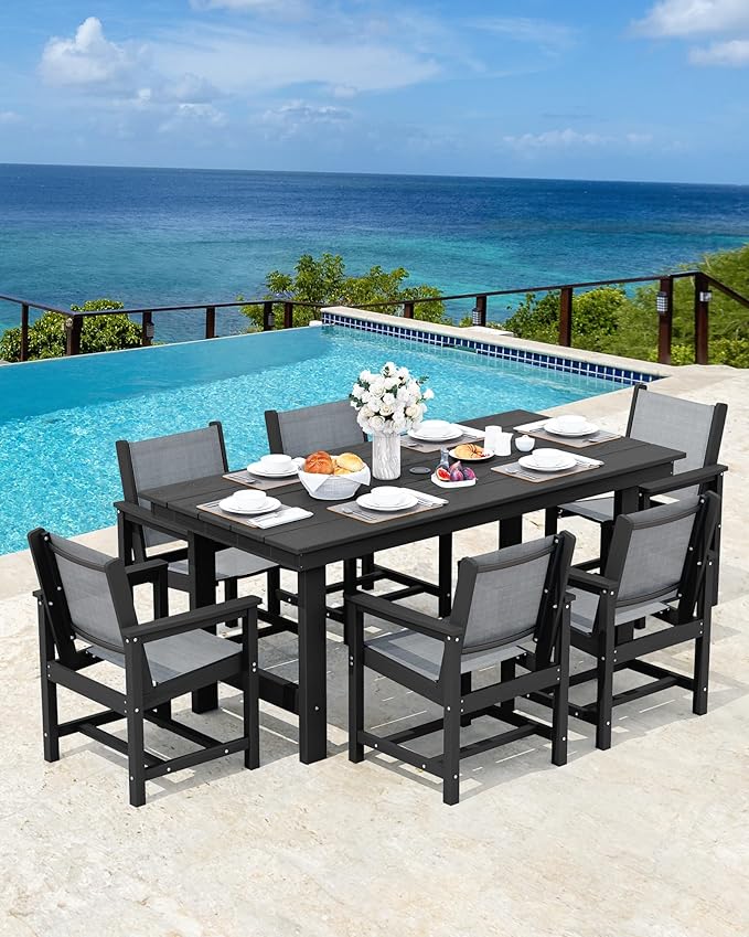 SERWALL 5 Piece Outdoor Dining Table Sets for 4 with 1 Umbrella Hole Cut-Out Rectangular Table and 4 Textilene Chairs, HDPE Dining Table Sets for Garden, Backyard, Poolside, Black