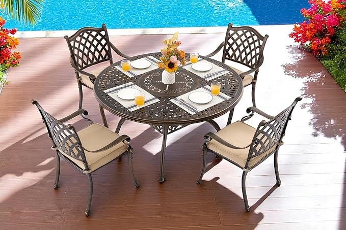 5 Piece Outdoor Dining Set Cast Aluminum, Retro Patio Dining Furniture Set for 4 Includes 54’’ Round Table 4 Chairs with Thicker Cushion and Umbrella Hole for Patio Deck Garden