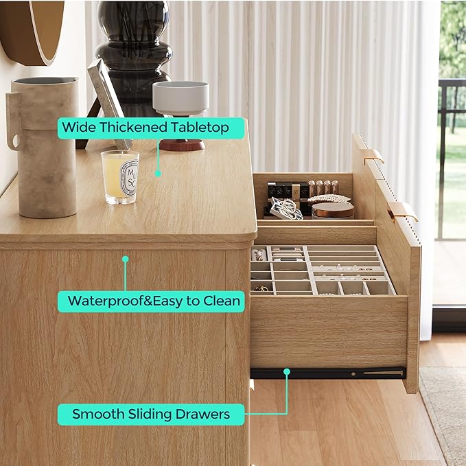 LINSY 6 Drawer Double Dresser for Bedroom, Modern Fluted Wood Chest of Drawers with Gold Metal Handles, Wide Storage Dresser TV Stand for Bedroom, Living Room, Entryway, Oak