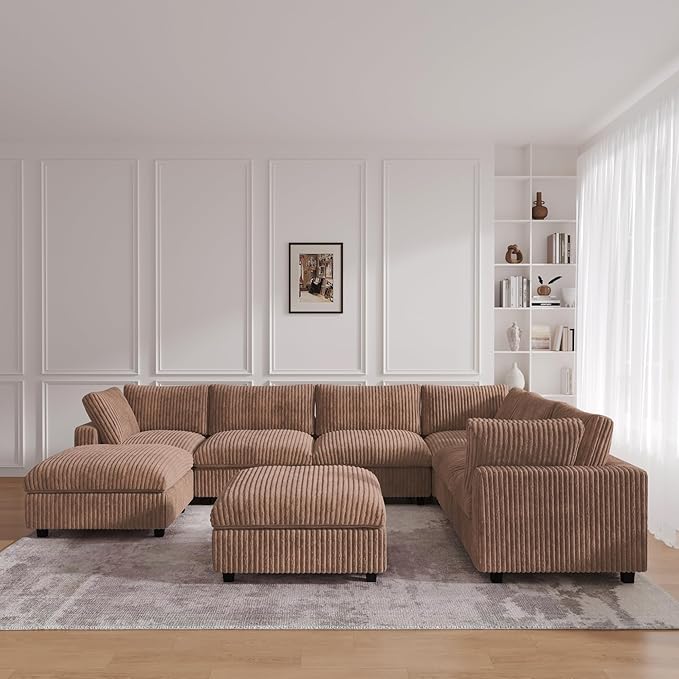 JACH 157" Modern Sectional Couch, Overzised Down Filled Soft Sofa, Deep Seat 8 Seater Convertible Modular Cloud Sofas for Living Room, Minimalist Couches,Sofa Cover Removable, Brown