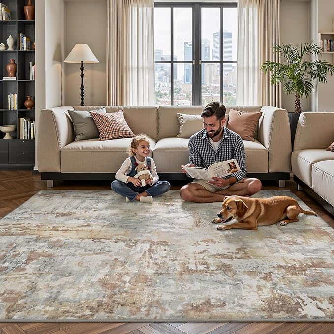 tchdio Area Rug 8x10 Rugs for Living Room- Abstract Soft Living Room Rug-Non Slip Carpet- Washable Rug for Bedroom Dining Room Home Office Modern Rugs Light Grey/Brown/Beige