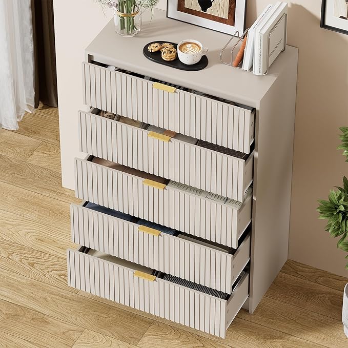 Beige Dresser for Bedroom, Modern Dresser with 5 Drawers and Smooth Slides, Wide Chest of Drawers with Golden Handles for Bedroom, Living Room, Closet, 15.7" D x 31.5" W x 47.2" H