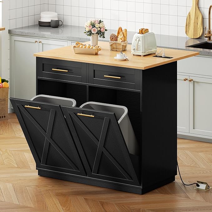 DWVO Kitchen Island with Drop Leaf, 40 Inch Double Tilt Out Trash Can Storage Cabinet with Power Outlet, Mobile Storage Islands on Wheels, Fit Two 10-Gal Garbage Bin, for Kitchen Dining Room, Black