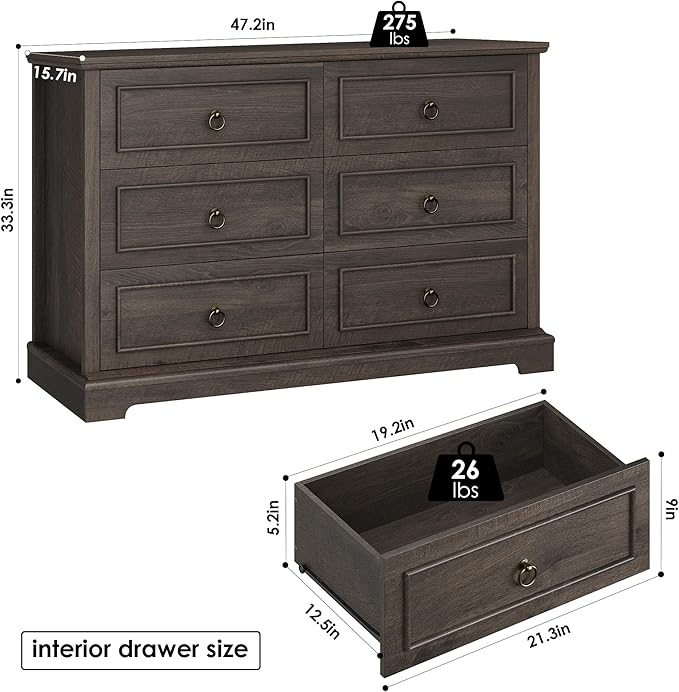 HOSTACK 6 Drawer Dresser for Bedroom, Modern Farmhouse Chest of Drawers for Bedroom, 47.2" Wide Wooden Double Dresser, Dark Wood Storage Cabinet for Living Room, Entryway, Hallway, Dark Brown