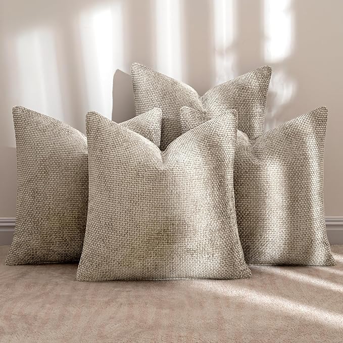 MIULEE Pack of 4 Couch Throw Pillow Covers 20x20 Inch Khaki Soft Decorative Chenille Pillow Covers Farmhouse Accent Cushion Covers for Boho Home Decor Sofa Bedroom Living Room