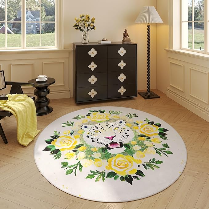 Round Rug 4ft Washable Circle Rug Non Slip Low Pile Retro Lavish Leopard Animal Small Circular Rug for Bedroom, Bathroom, Entryway, Kids Room, Office, College Dorm (Yellow with Green)