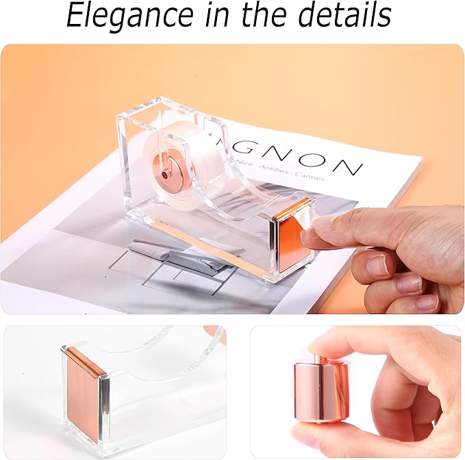 Famassi Rose Gold Desk Accessories，Office Supplies Set Acrylic Stapler Set Staple Remover, Tape Holder, 2 Ballpoint Pen, Scissor, Binder/Paper Clips and 1000pcs Staples.