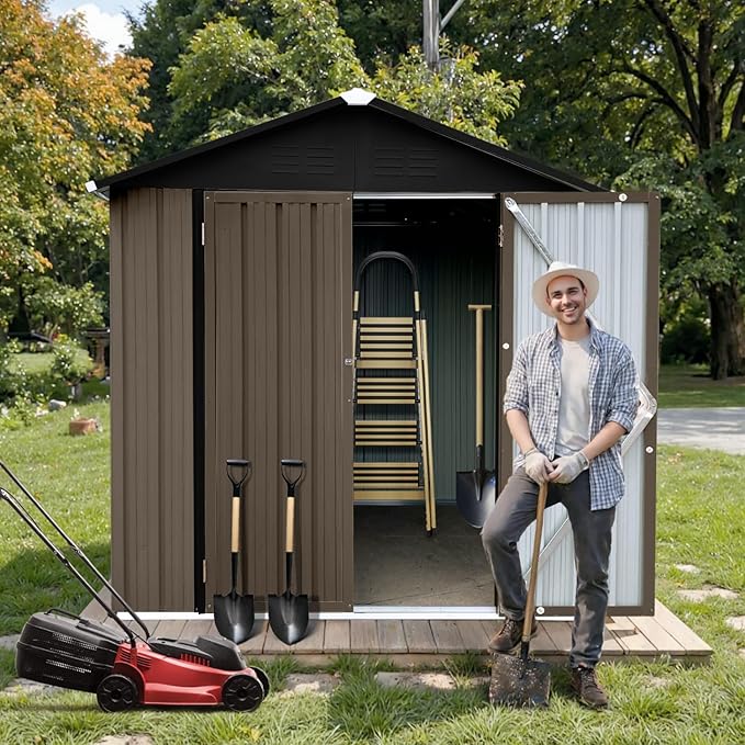 6' x 4' Outdoor Storage Shed, Sturdy Metal Building w/Lockable Doors for Garden, Backyard, Poolside and Lawn, Brown