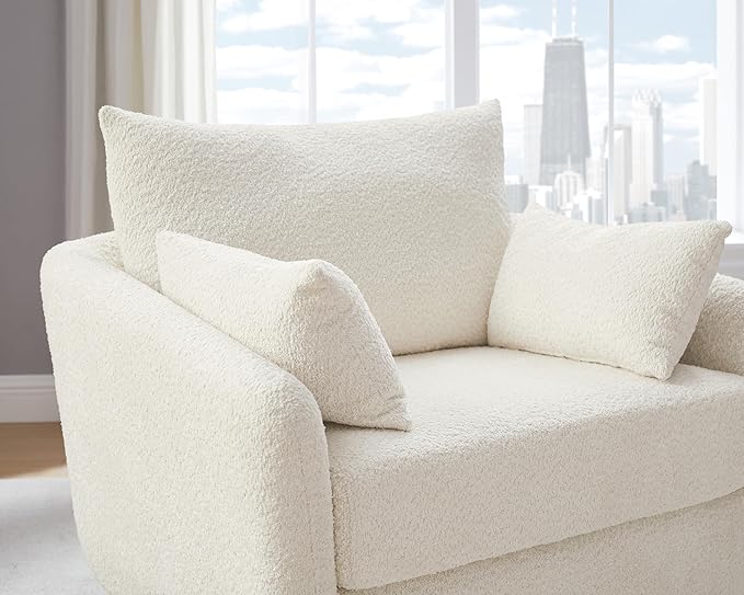 360° Swivel Accent Armchair, 39.3" Oversized, Sherpa Boucle Fabric Sofa Chair with Removable Back & Arm Pillows, Cream White Swivel Chair with Cozy Soft Padded, No Assembly Required