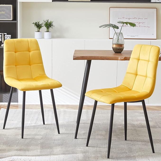 NORDICANA 5-Piece Dining Table Set, 47 in Modern Irregular Rectangle Kitchen Table & 4 Yellow Velvet Upholstery Side Chairs, Metal Legs, Dining Room Set for 4