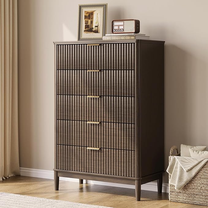 LINSY HOME Fluted Dresser for Bedroom with 5 Drawers, 46" Tall Chest of Drawers, Mid Century Modern Dresser with Metal Handle, Wood Closet Storage Cabinet for Living Room, Hallway, Walnut