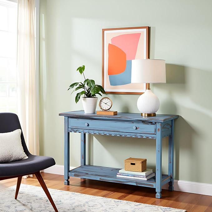 Alaterre Furniture Rustic Cottage Media Console Table, Antique Blue with 1 Drawer and 1 Shelf, Hardwood Construction, Ideal for Living Room or Entryway