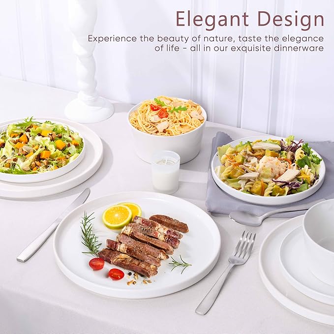 Herogo 12 Pieces Dinnerware Dishes Set for 4, Handmade Stoneware Dining Plates and Bowls Sets, Double Reactive Glaze, Microwave & Dishwasher Safe, Scratch Resistant, Speckled White