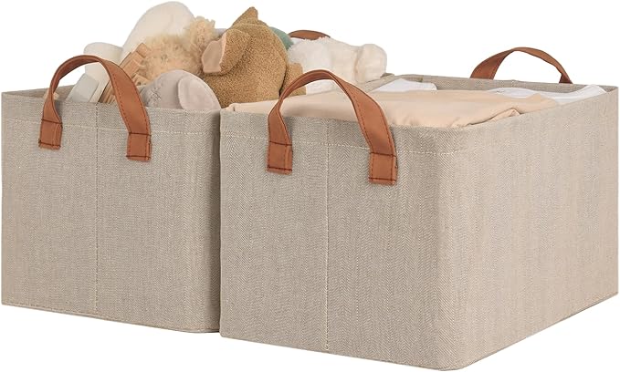 StorageWorks Storage Bins, Fabric Storage Bins for Shelves, Storage Baskets with Metal Frame, Closet Baskets and Bins with Handles, Brown and Beige, 2-Pack