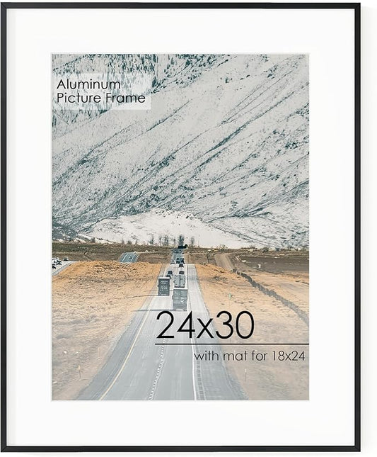 24x30 Metal Picture Frame for Wall With Mat for 18x24, 24''x30'' Aluminum Photo Frames With Tempered Glass for Home Decor, Minimalist Modern Poster Frame Horizontal And Vertical Formats, Black
