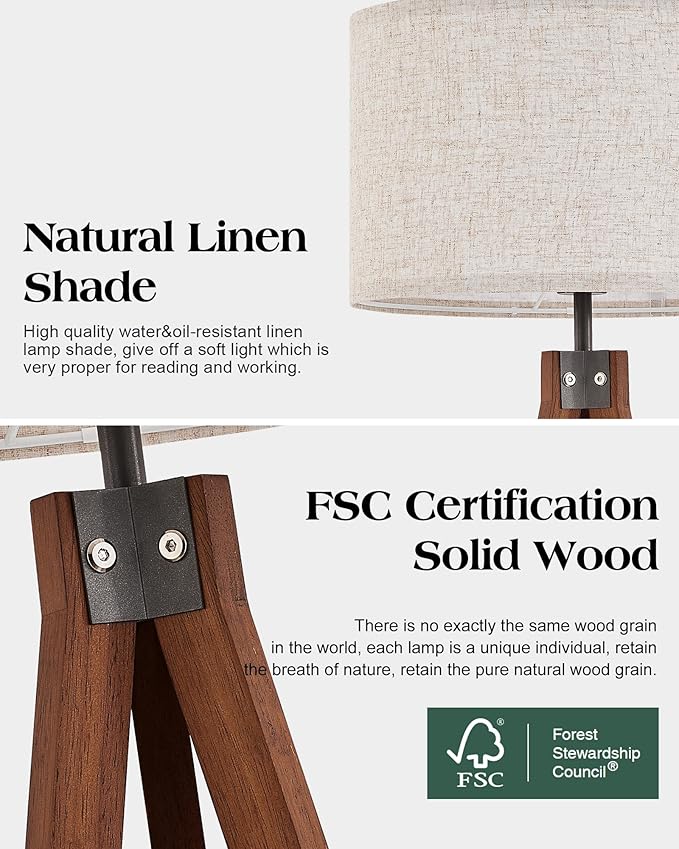 ELYONA Solid Wood Tripod Floor Lamp with 3 Color Temperatures LED Bulb, Mid Century Modern Reading Standing Light Nature Linen Shade Tall Night Light for Bedroom Living Room Office Study Room, Brown