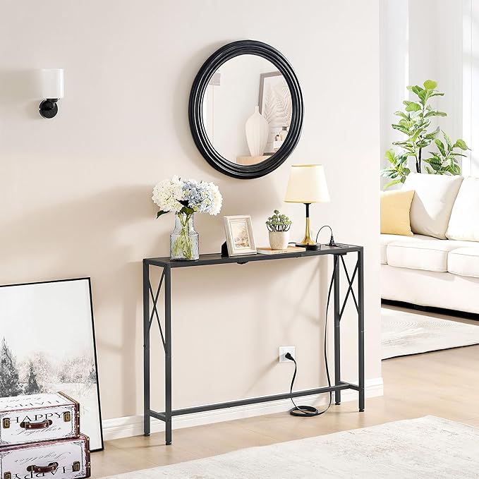 41.7" Console Table, Narrow Behind The Couch Table with Outlet, Industrial Skinny Sofa Table for Hallway, Entryway, Living Room,Walnut