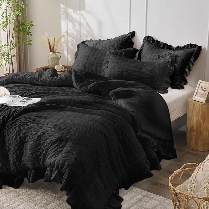 JOLLYVOGUE Black King Comforter Set, 3 Pieces Seersucker Comforters King Size, Lightweight & Fluffy Bedding Sets King for All Season with 1 Ruffle Comforter and 2 Ruffle Pillowshams