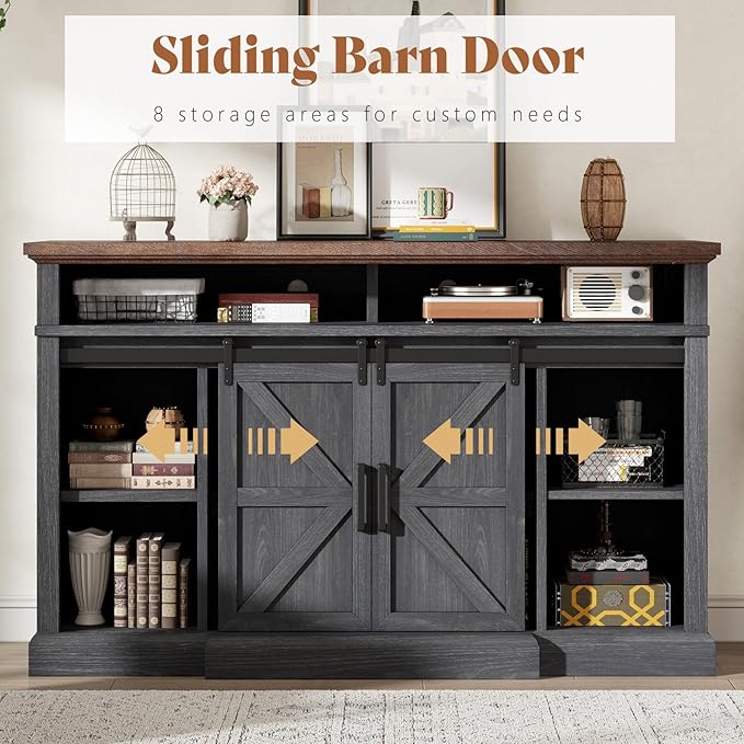 AMERLIFE 66" W Farmhouse TV Stand, Wood 40" H Tall Entertainment Center with Sliding Barn Door & Large Storage Shelves, Rustic Media Console for TVs up to 75", Dark Grey