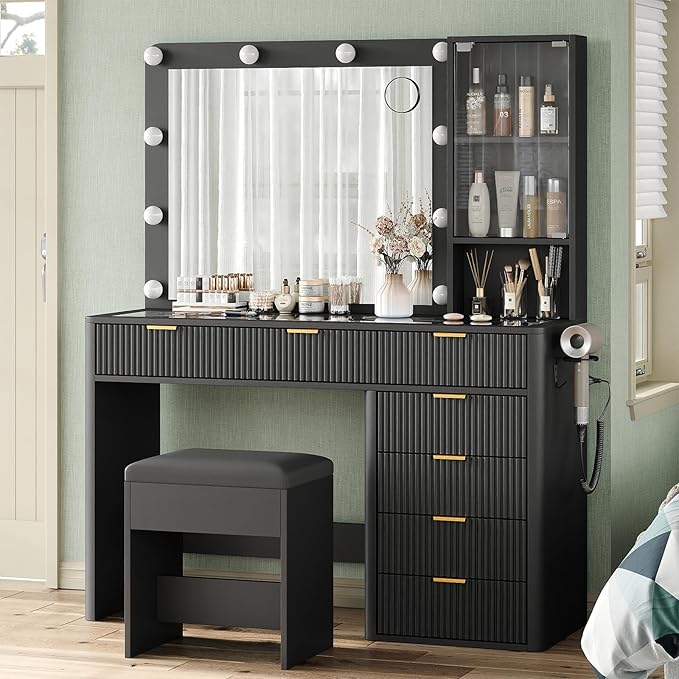 7 Drawers Fluted Vanity Desk with Charging Station, 47'' W Makeup Vanity with LED Lights and HD Mirror, 3 Lighting Modes Adjustable, Glass Top, Vanity Set for Bedroom, Black