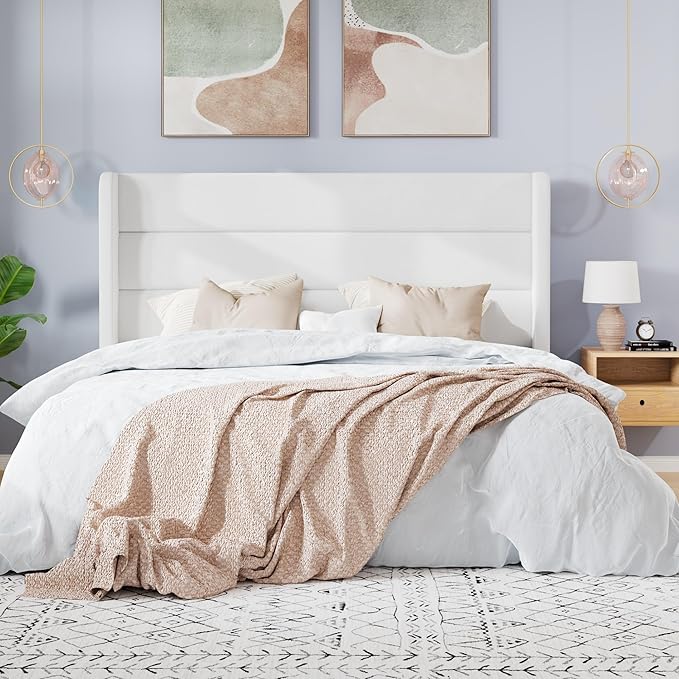 SHA CERLIN Full Size Velvet Bed Frame/Vertical Channel Tufted Wingback Headboard/Upholstered Platform Bed with Wooden Slats/Mattress Foundation/No Box Spring Needed/Easy Assembly/White