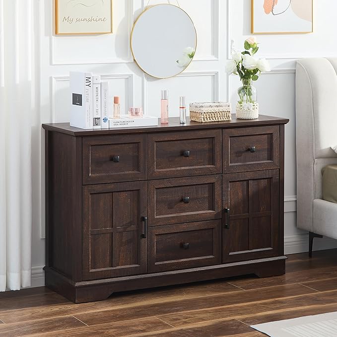 5+2 Cherry Dresser for Bedroom, Chest of Drawers for Bedroom with Wooden Drawers and Cross Doors, Wood Dressers Storage TV Stand for Bedroom, Living Room