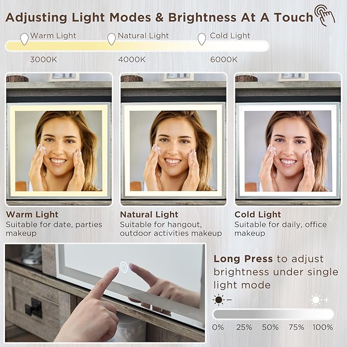 T4TREAM Farmhouse Makeup Vanity Desk with Sliding Mirror and Lights, 42'' Glass Tabletop Vanity Table with 2 Drawers & Shelves, Rustic Big Vanity Set for Bedroom, Light Rustic Oak