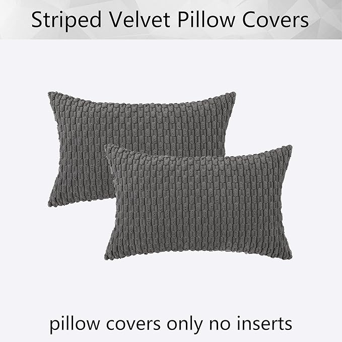 Kevin Textile Velvet Pillow Covers Striped Decorative Throw Cushion Case with Hidden Zipper for Home Couch/Bedroom/Car Soft Cozy Solid Oblong Cushion Cover 2 Pieces (12x20 Inch Dark Grey)