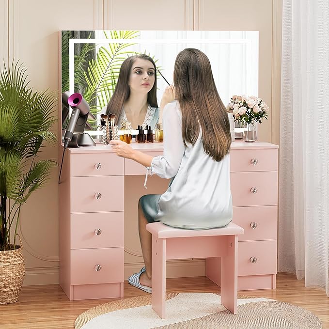 VOWNER Vanity with Lighted Mirror - Makeup Vanity Desk with Power Outlet and 9 Drawers, 3 Color Lighting Modes Adjustable Brightness, 43" Vanity Table with Soft Cushioned Stool for Bedroom, Pink