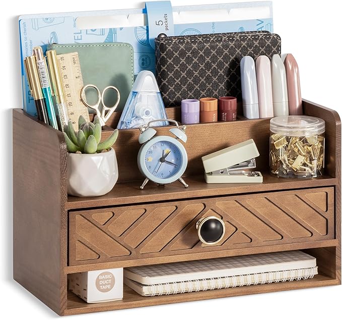 Brown Wood Desk Organizer and Accessories with Drawer, Bill Mail Organizer and File Mail Holder for Office Supplies, Desk Accessories & Workspace Organizers