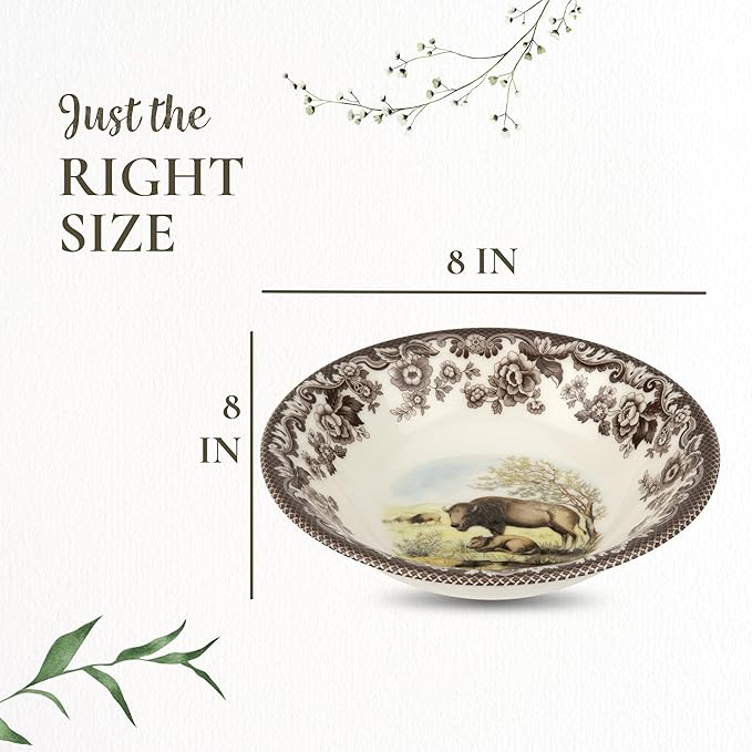 Spode Woodland American Wildlife Ascot Cereal Bowl - Bison Design, Fine Earthenware 8 Inch Bowl for Cereal, Salad, Ice Cream - Dishwasher, Microwave, Oven, Freezer Safe, Made in England