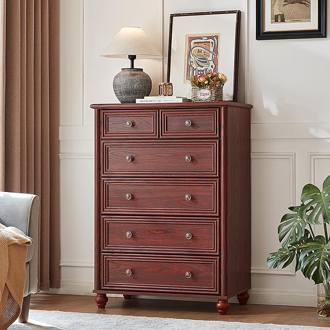 Farmhouse 6 Drawer Dresser Set of 2, Chest of Drawers for Bedroom, 43.5" Tall Dresser with Roman Column, Rustic Wood Storage Dressers Organizer for Living Room, Hallway, Closet(Red Oak)