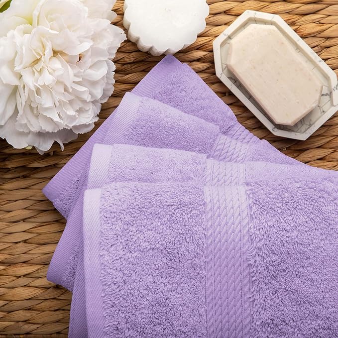 Superior Egyptian Cotton Pile Hand Towel Set of 4, Ultra Soft Luxury Towels, Thick Plush Essentials, Absorbent Heavyweight, Guest Bath, Hotel, Spa, Home Bathroom, Shower Basics, Purple