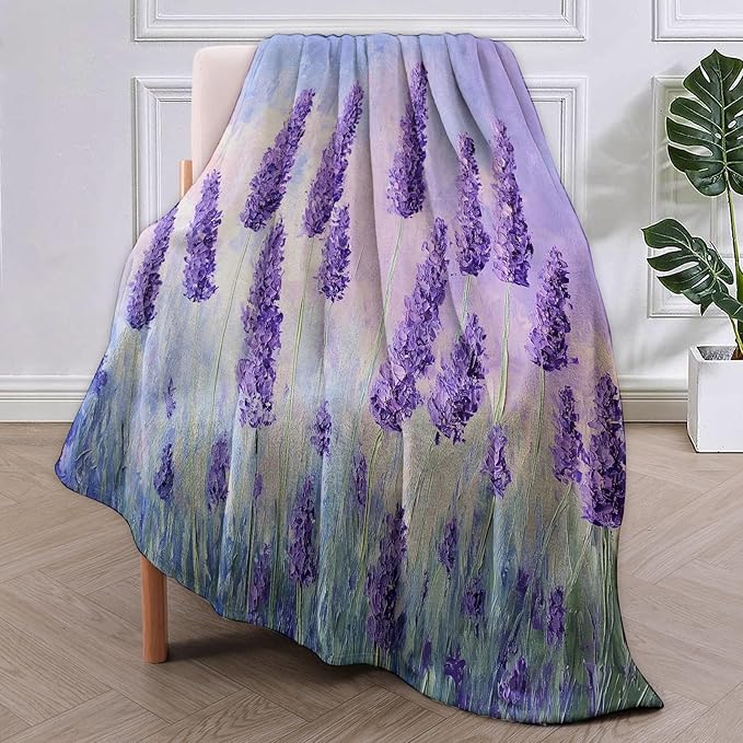 Lavender Fields Flannel Blanket, Floral Gifts, Lavender-Themed Blanket for Women, Soft Lightweight Throw Blankets for Bed Home Travel Decor 60" x 80"