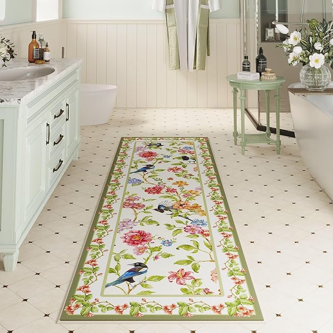 Runner Rug for Kitchen 2'x6' Washable Rugs with Rubber Backing Non Slip Soft Floral Bird Magpies Animal Carpet Runner for Kitchen, Laundry, Bedroom, Bathroom (White)