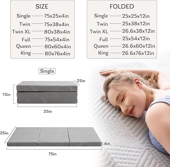 MLILY Tri-Fold Memory Foam Mattress, 4 inch Queen Folding Mattress with Collapsible and Washable Cover, Travel and Guest Mat, 80"×60"×4", Grey