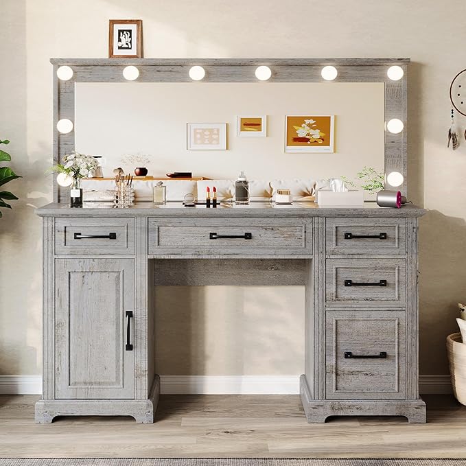 55'' Farmhouse Vanity Desk with Mirror and Lights, Large Makeup Table with Charging Station, Glass Tabletop & 5 Drawers, Rustic Dressing Table for Bedroom, Light Grey